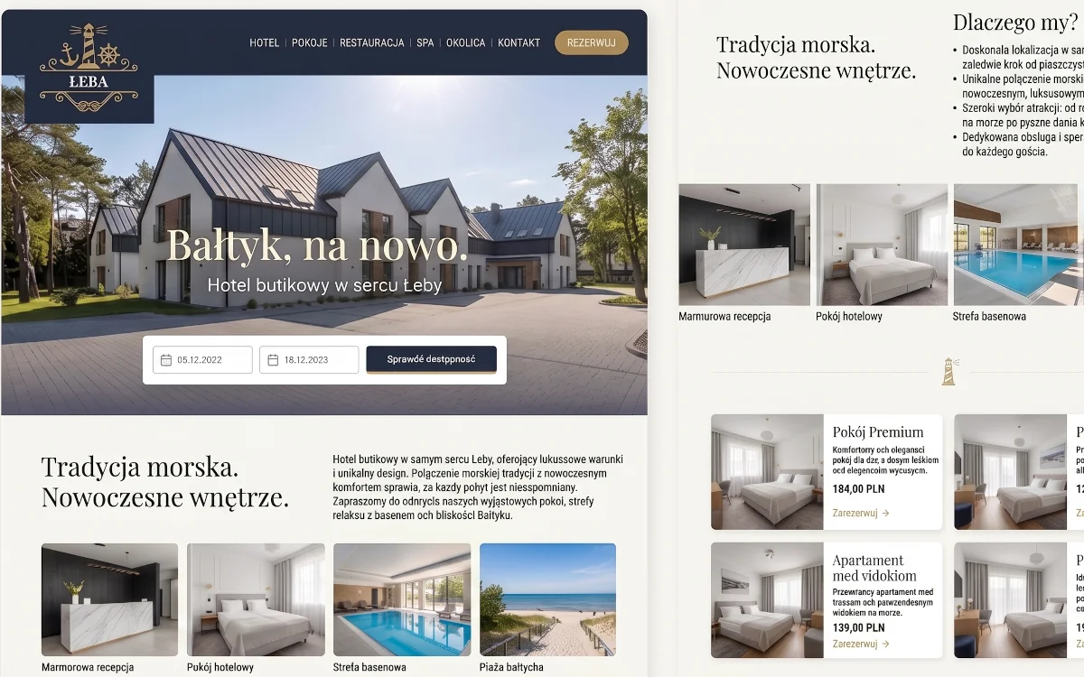 Koncept projektowy strony hotelu — wersja z wyszukiwarką terminów i listą pokoi z rezerwacją online