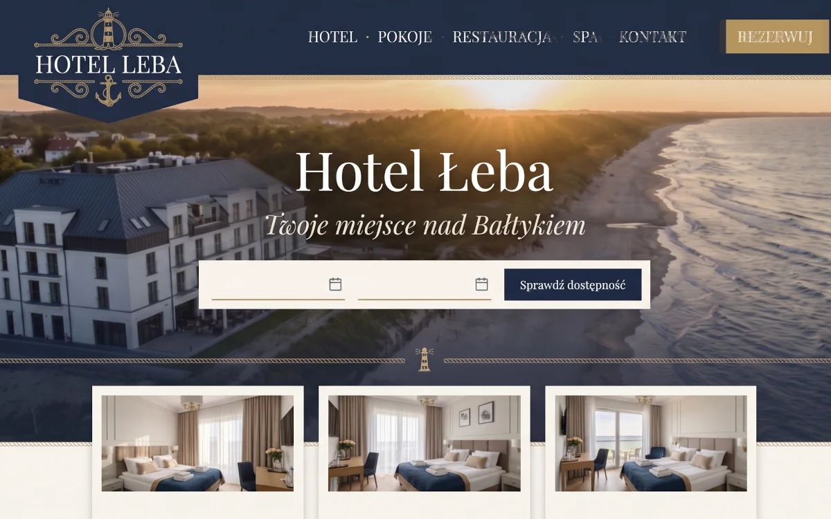 Koncept projektowy strony hotelu — ciemna elegancka wersja ze zdjęciem lotniczym i modułem rezerwacji