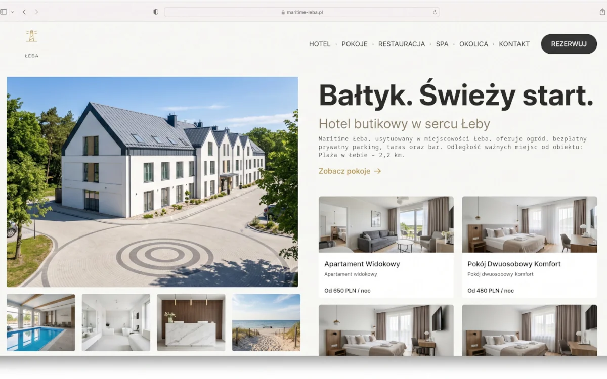Koncept projektowy strony hotelu nad morzem — jasna wersja z galerią pokoi i cenami