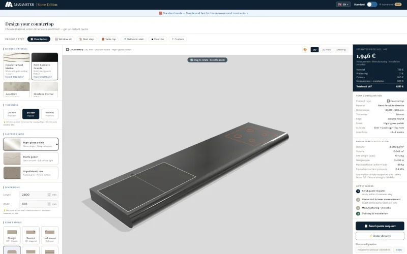 Maxameter konfigurator produktów 3D — widok klienta